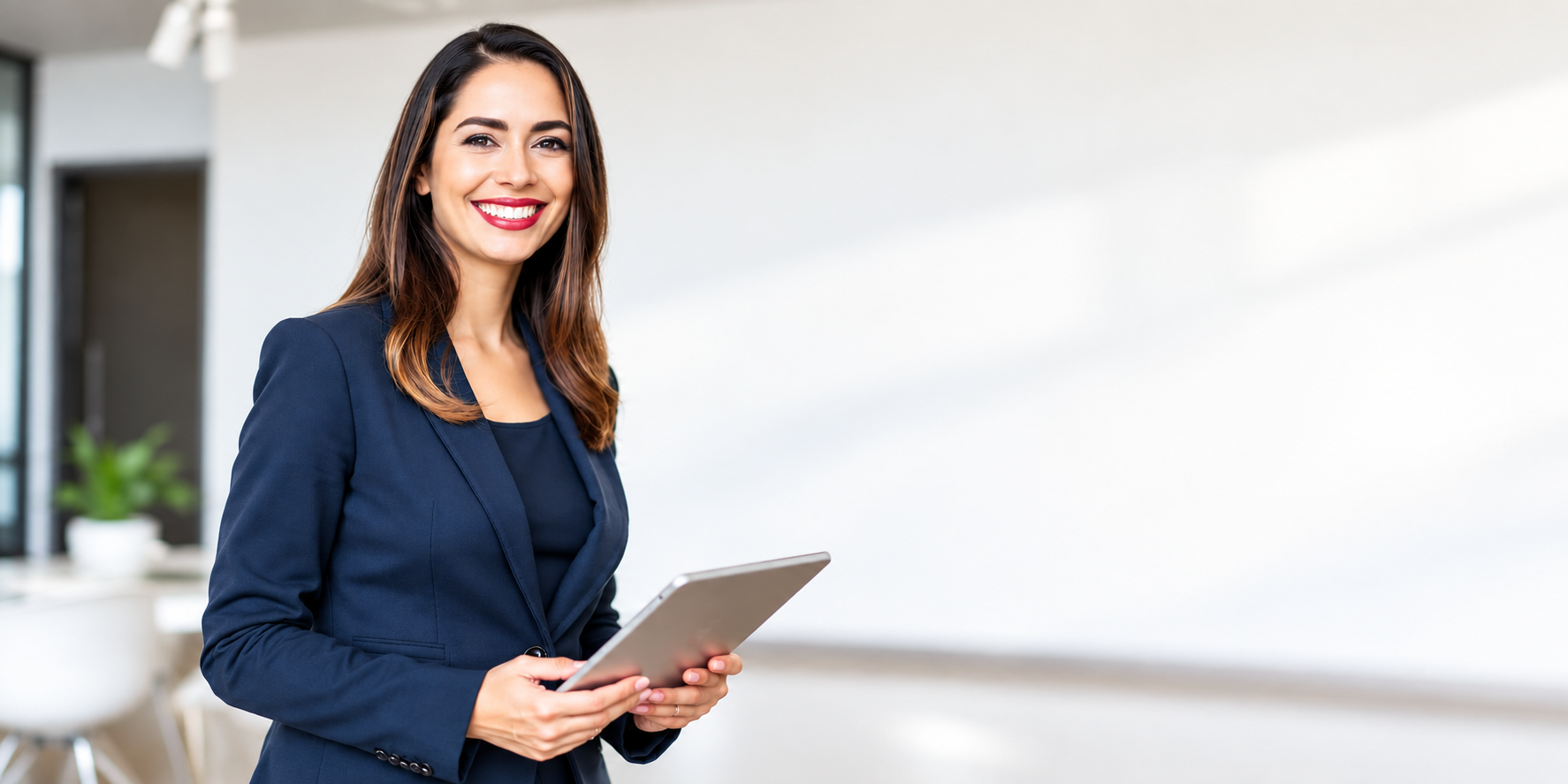 Smiling businesswoman holding a tablet in a modern office